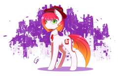 Size: 1920x1200 | Tagged: safe, artist:laptop-pone, oc, oc only, oc:joey, species:pony, abstract background, clothing, ear piercing, female, gradient hair, green eyes, hairband, hat, piercing, purple background, signature, smiling, solo