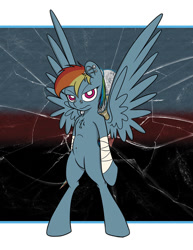 Size: 773x1000 | Tagged: safe, artist:scherzo, character:rainbow dash, species:pegasus, species:pony, alternate universe, bandage, bipedal, female, fractured loyalty, piercing, solo