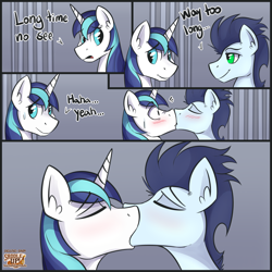 Size: 4000x4000 | Tagged: safe, artist:notsafeforhoofs, character:shining armor, character:soarin', species:pony, species:unicorn, blushing, comic, explicit source, gay, infidelity, kissing, male, saddle up!, shipping, soarin' armor
