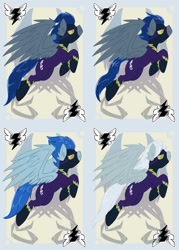 Size: 744x1038 | Tagged: safe, artist:bluekite-falls, artist:sky-railroad, character:descent, character:nightshade, oc, species:pegasus, species:pony, clothing, costume, ear fluff, female, game, male, mare, prance card game, shadowbolts, shadowbolts costume, spread wings, stallion, wing fluff, wings