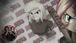 Size: 2560x1440 | Tagged: safe, artist:ngrycritic, character:applejack, character:sunset shimmer, my little pony:equestria girls, angry, barbed wire, baseball bat, clothing, cosplay, costume, crossover, grin, gritted teeth, negan, negan shimmer, rick grimes, smiling, smirk, the walking dead