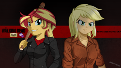 Size: 2560x1440 | Tagged: safe, artist:ngrycritic, character:applejack, character:sunset shimmer, species:bat, my little pony:equestria girls, amc, barbed wire, clothing, cosplay, costume, crossover, evil grin, grin, hatless, looking at you, lucille, missing accessory, negan, negan shimmer, rick grimes, smiling, the walking dead, uotapo-ish
