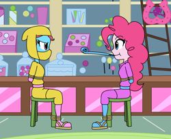 Size: 1024x832 | Tagged: safe, artist:author92, character:cup cake, character:pinkie pie, my little pony:equestria girls, arm behind back, bondage, brightly colored ninjas, chair, kunoichi, masks, ninja, party horn, rope, rope bondage, sandals, sugarcube corner, tied up