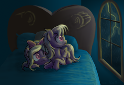 Size: 2400x1653 | Tagged: safe, artist:dawnmistpony, character:cloudchaser, character:flitter, bed, lightning, scared