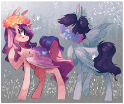Size: 5024x4224 | Tagged: safe, artist:tamyarts, oc, oc only, species:alicorn, species:pegasus, species:pony, absurd resolution, colored wings, female, floral head wreath, flower, giggling, mare, multicolored wings