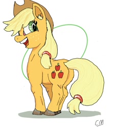 Size: 1108x1200 | Tagged: safe, artist:charlemage, artist:jimmyjamno1, character:applejack, species:earth pony, species:pony, apple pony, ear fluff, female, hooves, looking back, mare, open mouth, plot, simple background, smiling, solo, white background