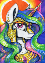 Size: 2448x3402 | Tagged: safe, artist:lunar-white-wolf, character:princess celestia, species:alicorn, species:pony, armor, ear piercing, female, frown, helmet, horn ring, jewelry, mare, piercing, solo, traditional art, warrior celestia