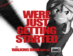 Size: 1868x1440 | Tagged: safe, artist:ngrycritic, character:sunset shimmer, my little pony:equestria girls, amc, baseball bat, clothing, crossover, evil grin, female, grin, jacket, monochrome, negan, negan shimmer, smiling, solo, the walking dead