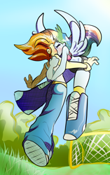 Size: 1834x2929 | Tagged: safe, artist:heyerika, character:rainbow dash, character:spitfire, ship:spitdash, my little pony:equestria girls, blushing, clothing, eyes closed, female, flying, kissing, lesbian, midriff, multicolored hair, ponied up, shipping, sports bra, tank top, winged humanization, wings