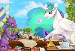 Size: 1358x934 | Tagged: safe, artist:cuttledreams, character:princess celestia, character:spike, species:alicorn, species:dragon, species:pony, cake, canterlot, cloud, cup, female, food, gem, kettle, levitation, looking at each other, magic, male, mare, scroll, sitting, smiling, stallion, table, telekinesis