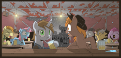 Size: 3400x1635 | Tagged: safe, artist:php104, oc, oc only, oc:calamity, oc:littlepip, species:earth pony, species:pegasus, species:pony, species:unicorn, fallout equestria, apple cider (drink), bar, bottlecap, cider, city, clothing, eyes closed, fanfic, fanfic art, female, hat, hooves, horn, joke, laughing, male, mare, mug, new appleloosa, one eye closed, open mouth, pipbuck, rain, stallion, tankard, tavern, tongue out, vault suit, wings