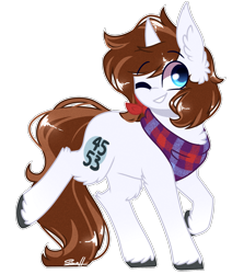 Size: 1765x1983 | Tagged: safe, artist:cloud-drawings, oc, oc only, oc:watcher, species:pony, species:unicorn, bandana, chibi, colored pupils, female, mare, one eye closed, raised hoof, raised leg, simple background, smiling, solo, transparent background, wink