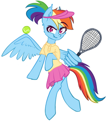Size: 2557x2881 | Tagged: safe, artist:astralblues, character:rainbow dash, species:pony, clothing, cute, female, high res, ponytail, shirt, simple background, skirt, skirt lift, solo, tennis, tennis ball, tennis racket, white background, wing hands