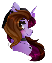 Size: 1137x1387 | Tagged: safe, artist:starshame, oc, oc only, oc:symphony diamond, species:pony, species:unicorn, beanie, blushing, bust, clothing, female, hat, looking back, mare, simple background, smiling, solo, transparent background