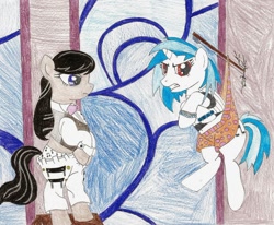 Size: 900x743 | Tagged: safe, artist:wjmmovieman, character:dj pon-3, character:octavia melody, character:vinyl scratch, species:earth pony, species:pony, species:unicorn, assisted exposure, clothing, duo, female, hanging wedgie, mare, orange underwear, panties, pants, polka dot underwear, traditional art, underwear, wedgie, wrong eye color