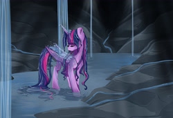Size: 4881x3330 | Tagged: safe, artist:bratzoid, character:twilight sparkle, character:twilight sparkle (alicorn), species:alicorn, species:pony, absurd resolution, bathing, cave, eyes closed, female, outdoors, rock, solo, waterfall, waterfall shower, wet mane
