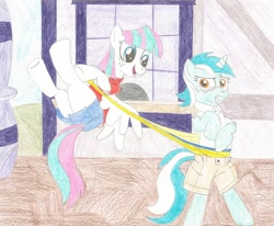 Size: 984x812 | Tagged: safe, artist:wjmmovieman, character:blossomforth, character:lyra heartstrings, species:pegasus, species:pony, species:unicorn, clothing, female, panties, shorts, skirt, underwear, wedgie, yellow underwear