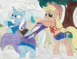 Size: 1024x787 | Tagged: safe, artist:wjmmovieman, character:applejack, character:trixie, species:pony, species:unicorn, belly button, blue underwear, clothing, daisy dukes, female, frilly underwear, front knot midriff, mare, midriff, panties, shorts, star print underwear, underwear, wedgie