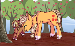 Size: 1024x625 | Tagged: safe, artist:loladotz, character:applejack, oc, parent:applejack, parent:trouble shoes, parents:troublejack, species:pony, apple orchard, apple tree, blaze (coat marking), colt, duo, female, male, mare, mother and son, nudging, offspring, socks (coat marking), story included, unshorn fetlocks, wavy mouth