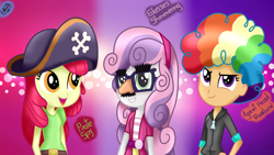 Size: 3200x1800 | Tagged: safe, artist:liniitadash23, character:apple bloom, character:scootaloo, character:sweetie belle, species:pegasus, species:pony, episode:hard to say anything, g4, my little pony: friendship is magic, my little pony:equestria girls, agent rainbow head, clothing, cutie mark crusaders, equestria girls interpretation, funny face, hat, hoodie, nose, open mouth, pirate hat, pirate spy, rainbow wig, scene interpretation, shimmering spectacles, smiling, trio, wig