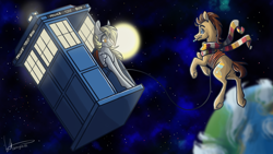 Size: 1920x1080 | Tagged: safe, artist:ebonytails, character:derpy hooves, character:doctor whooves, character:time turner, species:earth pony, species:pegasus, species:pony, clothing, doctor who, duo, earth, equus, mouth hold, planet, scarf, sonic screwdriver, space, stars, sun, tardis, the doctor, tom baker's scarf