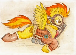 Size: 800x586 | Tagged: safe, artist:daisymane, character:spitfire, species:pegasus, species:pony, bomber jacket, boots, clothing, female, flying, goggles, mare, mask, oxygen mask, solo, traditional art