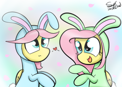 Size: 700x500 | Tagged: safe, artist:sugarcloud12, character:fluttershy, species:pony, animal costume, bunny costume, butterscotch, clothing, costume, heart, ponidox, r63 paradox, rule 63, self ponidox