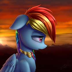 Size: 3000x3000 | Tagged: safe, artist:deltauraart, character:rainbow dash, species:pegasus, species:pony, fanfic:austraeoh, element of harmony, element of loyalty, fanfic, fanfic art, female, floppy ears, folded wings, mare, profile, scenery, solo, sunset