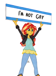 Size: 950x1278 | Tagged: safe, artist:manly man, character:sunset shimmer, my little pony:equestria girls, colored pencil drawing, exploitable meme, female, meme, meme origin, not gay, protest, sign, simple background, solo, sunset's board, traditional art, white background