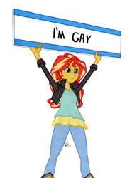 Size: 950x1278 | Tagged: safe, artist:manly man, edit, character:sunset shimmer, my little pony:equestria girls, colored pencil drawing, exploitable meme, female, i'm gay, lesbian, meme, mouthpiece, protest, sign, simple background, solo, sunset's board, traditional art, white background