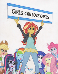 Size: 720x914 | Tagged: safe, artist:manly man, character:applejack, character:fluttershy, character:pinkie pie, character:rainbow dash, character:rarity, character:sunset shimmer, character:twilight sparkle, character:twilight sparkle (scitwi), species:eqg human, my little pony:equestria girls, colored pencil drawing, exploitable meme, female, feminist ponies, happy, humane five, humane seven, humane six, lesbian, lgbt, meme, mouthpiece, sign, simple background, sunset's board, traditional art, white background