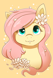 Size: 1024x1503 | Tagged: safe, artist:saber-panda, character:fluttershy, species:pegasus, species:pony, bust, cute, female, flower, flower in hair, looking up, mare, petals, portrait, shyabetes, simple background, solo, yellow background