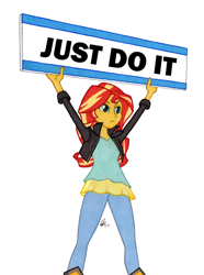 Size: 950x1278 | Tagged: safe, artist:manly man, edit, character:sunset shimmer, my little pony:equestria girls, clothing, colored pencil drawing, exploitable meme, female, jacket, just do it, leather jacket, meme, pants, shia labeouf, sign, simple background, solo, sunset's board, traditional art, white background