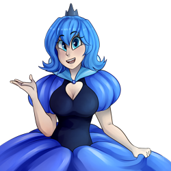 Size: 2000x2000 | Tagged: safe, artist:goshhhh, character:princess luna, species:human, breasts, busty princess luna, cleavage, clothing, curtsey, cute, dress, female, humanized, luna of atlantis, lunabetes, princess, shiny, simple background, smiling, solo, transparent background