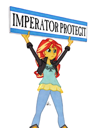 Size: 950x1278 | Tagged: safe, artist:manly man, edit, character:sunset shimmer, my little pony:equestria girls, aquila, exploitable meme, fangirl, female, imperium of man, latin, meme, sign, solo, sunset's board, warhammer (game), warhammer 40k
