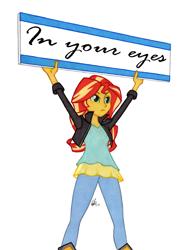 Size: 950x1278 | Tagged: safe, artist:manly man, edit, character:sunset shimmer, my little pony:equestria girls, colored pencil drawing, exploitable meme, female, lyrics, meme, protest, sign, simple background, solo, sunset's board, text, traditional art, white background