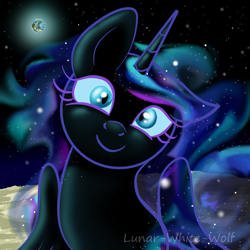 Size: 1000x1000 | Tagged: safe, artist:lunar-white-wolf, character:nightmare moon, character:princess luna, species:alicorn, species:pony, cute, derp, earth, female, looking at you, mare, moon, moonabetes, nicemare moon, planet, smiling, solo, space, stars