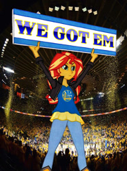 Size: 950x1278 | Tagged: safe, artist:manly man, edit, character:sunset shimmer, my little pony:equestria girls, basketball, cleveland cavaliers, exploitable meme, female, golden state warriors, meme, nba, nba finals, photo, sign, solo, sports, sunset's board, traditional art