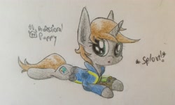 Size: 3622x2185 | Tagged: safe, artist:professionalpuppy, oc, oc only, oc:littlepip, species:pony, species:unicorn, fallout equestria, behaving like a dog, clothing, cute, doge, fanfic, fanfic art, female, mare, pipbuck, prone, shiba inu, simple background, solo, sploot, traditional art, vault suit, white background