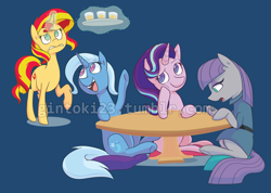 Size: 1000x712 | Tagged: safe, artist:gintoki23, character:maud pie, character:starlight glimmer, character:sunset shimmer, character:trixie, species:pony, species:unicorn, blue background, colored pupils, design, drink, magic, relaxing, shirt design, simple background, table, telekinesis, the amazing trio of friendship, watermark, welovefine