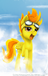 Size: 810x1282 | Tagged: safe, artist:sonicrainboom93, character:spitfire, species:pegasus, species:pony, female, goggles, open mouth, raised hoof, solo