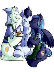 Size: 3000x4000 | Tagged: safe, artist:heyerika, character:soarin', oc, species:pegasus, species:pony, cute, eyes closed, family, female, food, kissing, male, mare, pie, plate, simple background, sitting, smiling, stallion, transparent background