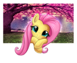 Size: 791x646 | Tagged: safe, artist:lova-gardelius, character:fluttershy, species:pegasus, species:pony, cute, female, leaning on the fourth wall, looking at you, mare, shyabetes, solo, tree