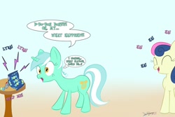 Size: 1500x1000 | Tagged: safe, artist:dashboom, character:bon bon, character:lyra heartstrings, character:sweetie drops, species:earth pony, species:pony, species:unicorn, amused, bon bon is amused, candy, female, gradient background, laughing, mare, prank
