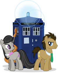 Size: 2200x2760 | Tagged: safe, artist:sircinnamon, artist:theevilflashanimator, edit, character:doctor whooves, character:octavia melody, character:time turner, species:earth pony, species:pony, bow tie, cello, crossover, doctor who, female, male, mare, musical instrument, necktie, simple background, sonic screwdriver, stallion, tardis, the doctor, transparent background, vector