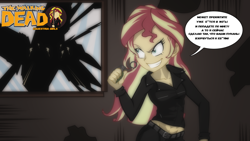Size: 1280x720 | Tagged: safe, artist:ngrycritic, character:sunset shimmer, my little pony:equestria girls, amc, clothing, crossover, dialogue, female, jacket, midriff, negan, negan shimmer, russian, smiling, solo, speech bubble, the walking dead, translated in the comments, vulgar