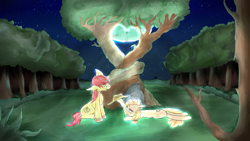 Size: 3840x2160 | Tagged: safe, artist:ruby dusk, character:bright mac, character:pear butter, ship:brightbutter, episode:the perfect pear, g4, my little pony: friendship is magic, apple tree, bittersweet, clothing, female, forest, ghost, grass field, hat, intertwined trees, male, night, night sky, pear tree, ponytail, rest in peace, shipping, sky, straight, tear jerker, tree, wallpaper