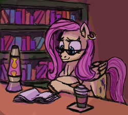 Size: 864x776 | Tagged: safe, artist:charlemage, artist:jimmyjamno1, character:fluttershy, species:pony, book, bookshelf, coffee, ear piercing, earring, glasses, jewelry, lava lamp, piercing, reading, table