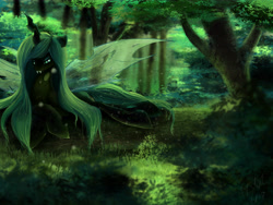 Size: 7200x5400 | Tagged: safe, artist:foughtdragon01, character:queen chrysalis, species:changeling, absurd resolution, fangs, female, forest, grass, log, prone, scenery, smiling, solo