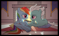 Size: 2864x1779 | Tagged: safe, artist:php104, character:fleetfoot, character:rainbow dash, species:pegasus, species:pony, ship:fleetdash, bedroom eyes, commission, female, filly, fireplace, flag, hoof hold, lesbian, mare, pillow, rug, shipping, younger